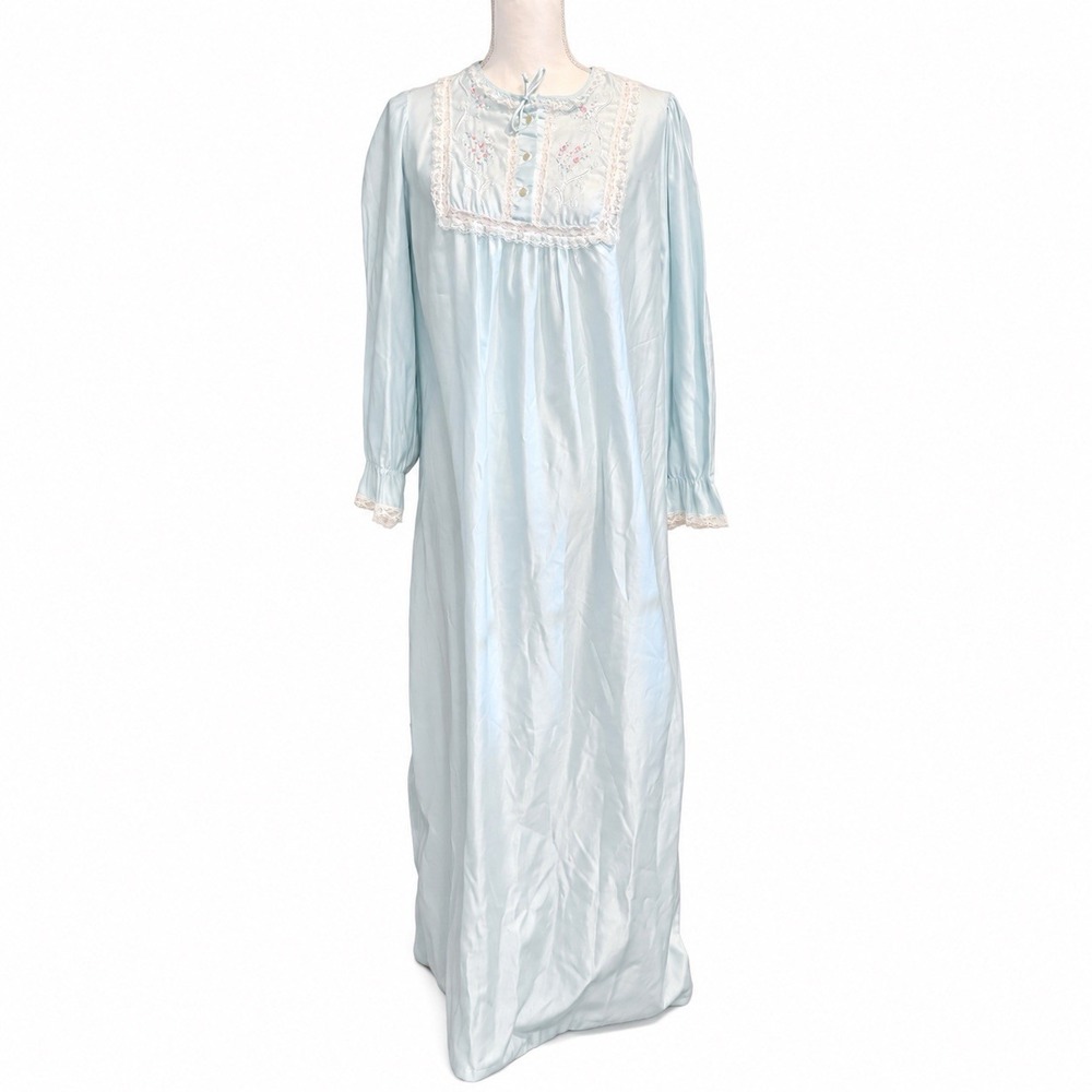 Vintage Barbizon Cuddleskin Nightgown Womens M Blue Lace Floral USA 54"